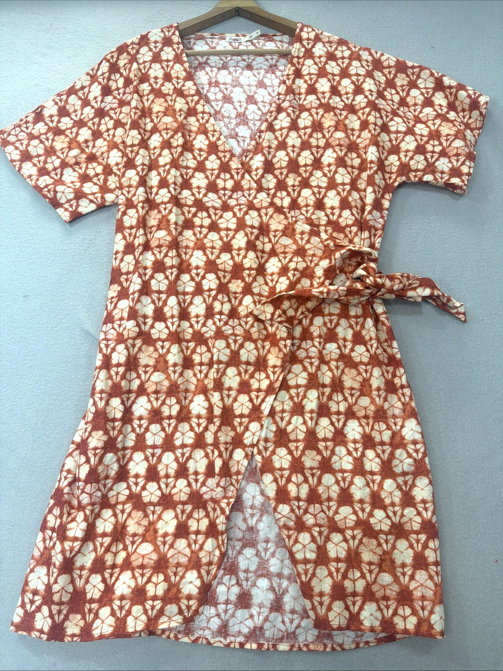 Faherty Willow Wrap Dress Size XS Spiced Shibori Orange Linen Short Sleeve